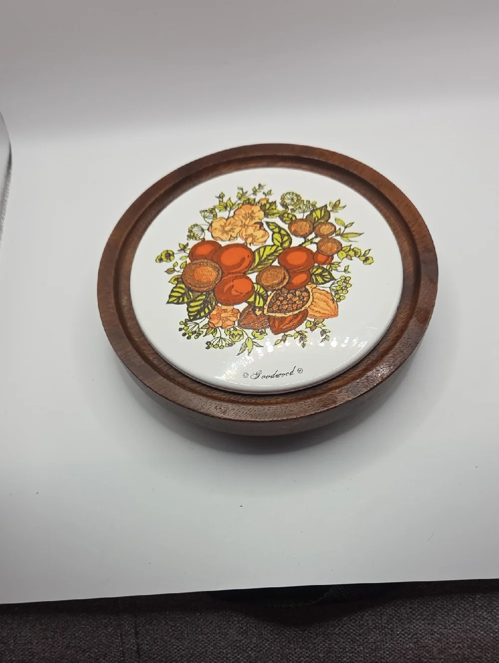 Goodwood Ceramic Fruit Tile Wooden Trivet - Orange Brown Vintage